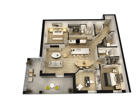 A floor plan of a house with a living room, dining room, kitchen, and two bedrooms.